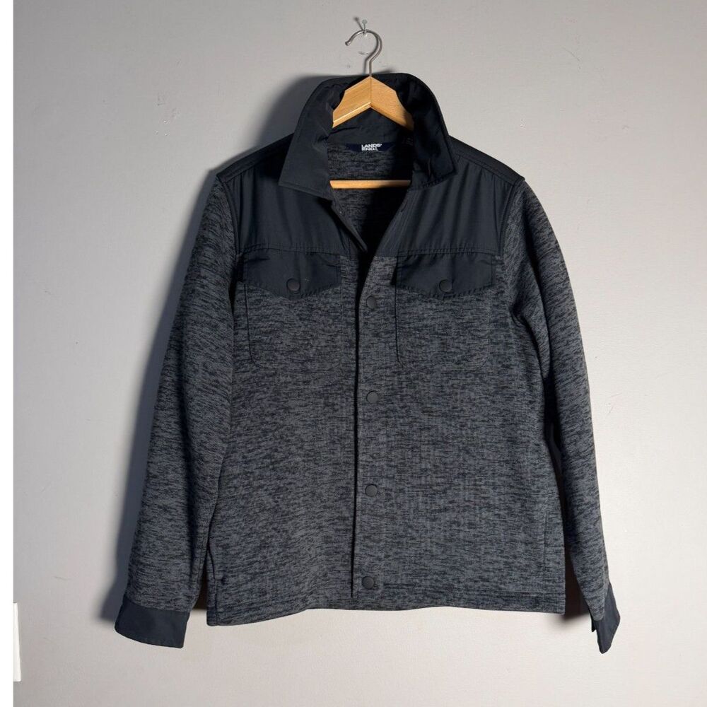 Lands End Mens M Gray Sweater Fleece Shirt Jacket Shacket Snap Front Nylon